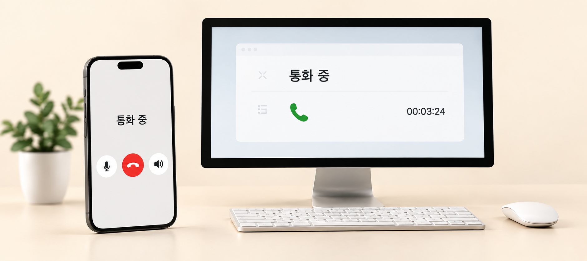 콜센터 만들기 소개 시안. 통화 중인 휴대폰과 상담 PC가 놓인 책상.